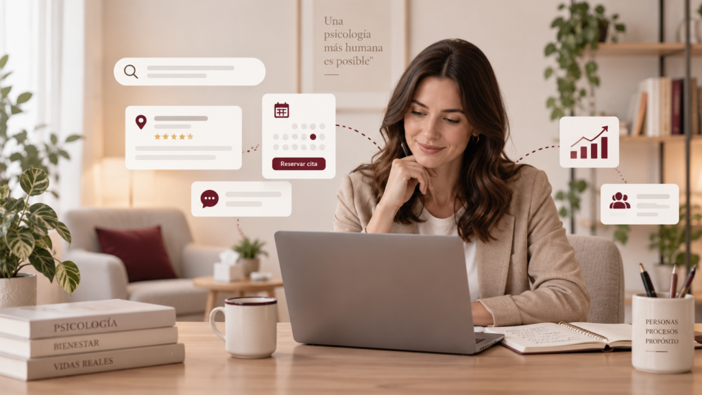Psicóloga revisando en su ordenador las estrategias digitales para captar pacientes: búsqueda en Google, reseñas, agenda de citas y crecimiento de la consulta