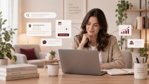 Psicóloga revisando en su ordenador las estrategias digitales para captar pacientes: búsqueda en Google, reseñas, agenda de citas y crecimiento de la consulta