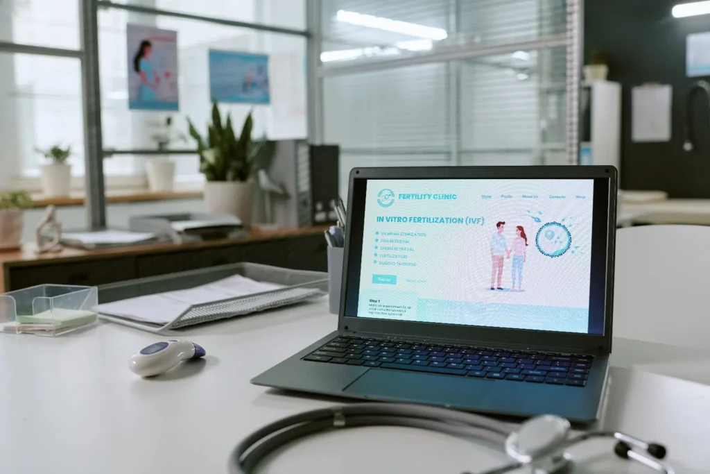 Portátil con la web de una clínica abierta sobre el escritorio de una consulta