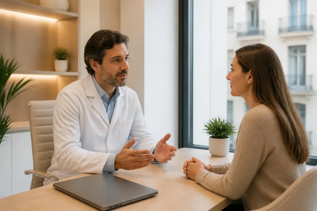 Médico con bata conversando con una paciente sentada al otro lado de la mesa de consulta