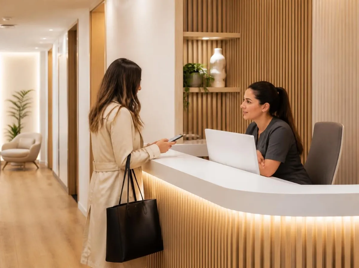 Paciente hablando con la recepcionista en el mostrador de una clínica capilar mientras consulta su móvil