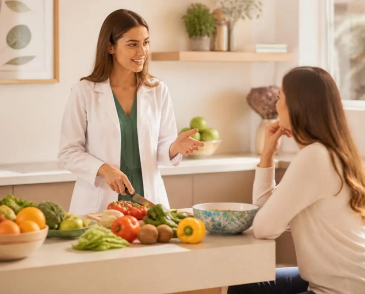Nutricionista preparando verduras mientras explica pautas de alimentación a una paciente