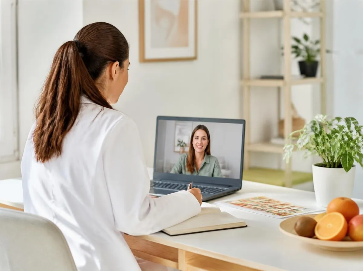 Dietista-nutricionista atendiendo a una paciente por videollamada desde su consulta