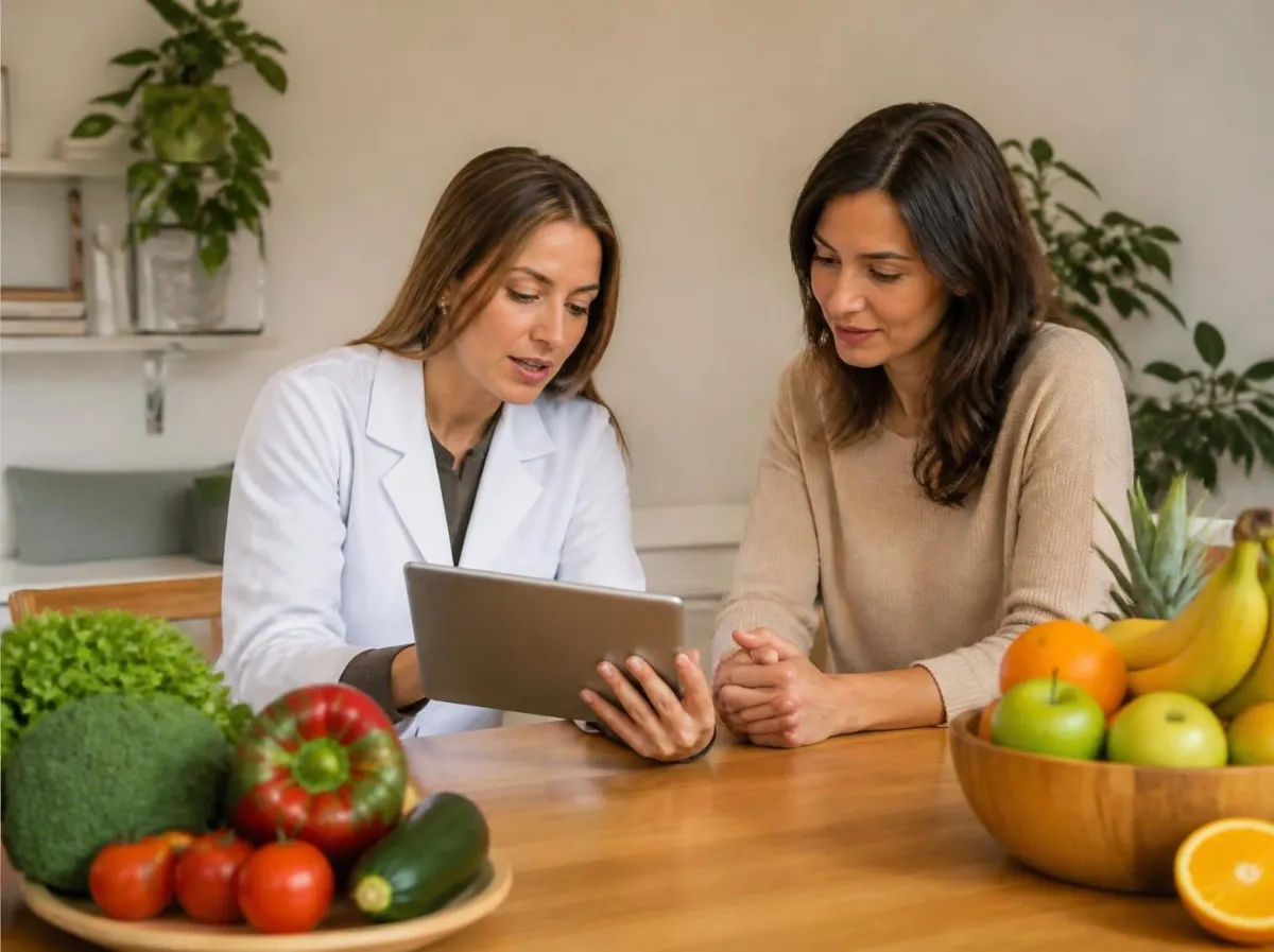 Dietista-nutricionista revisando un plan de alimentación en una tablet con una paciente en la consulta