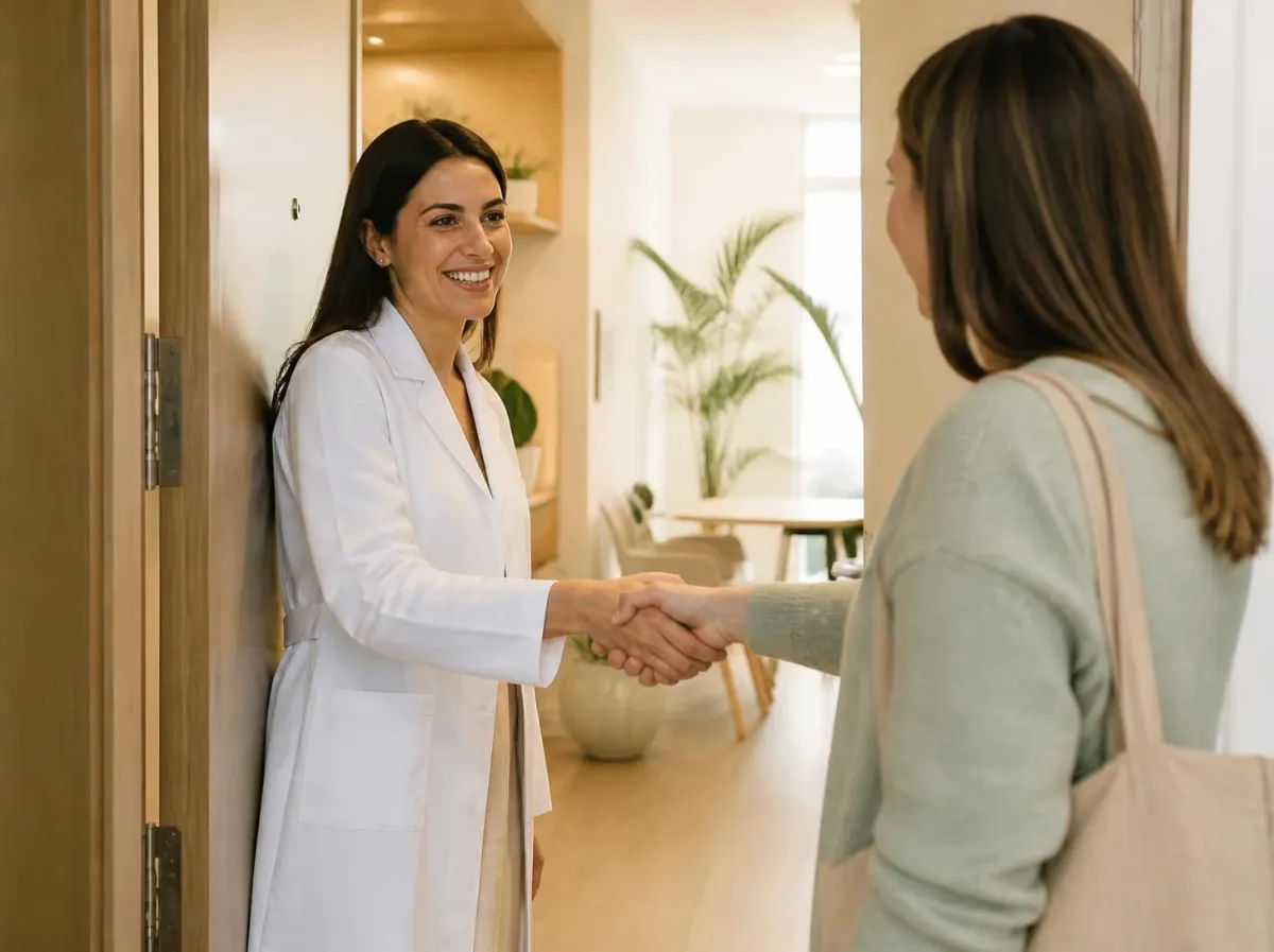 Dietista-nutricionista recibiendo a una paciente en la puerta de su consulta
