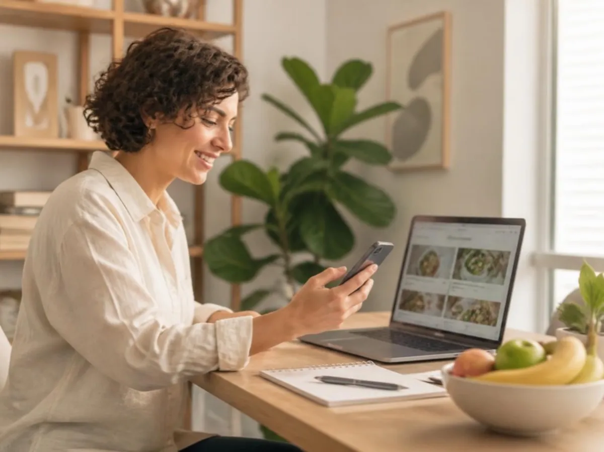 Nutricionista revisando en el portátil y en el móvil la web de su consulta