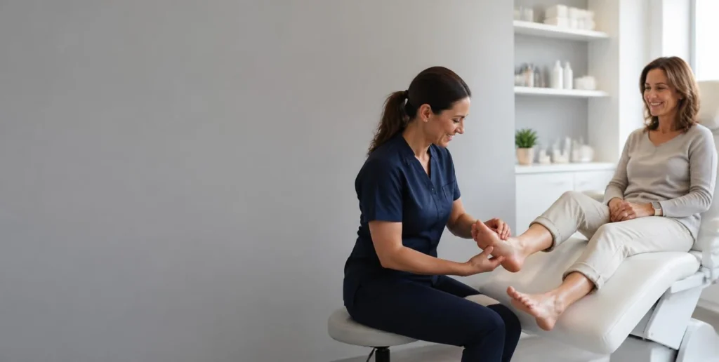 Podóloga examinando el pie de una paciente sentada en el sillón de una consulta de podología